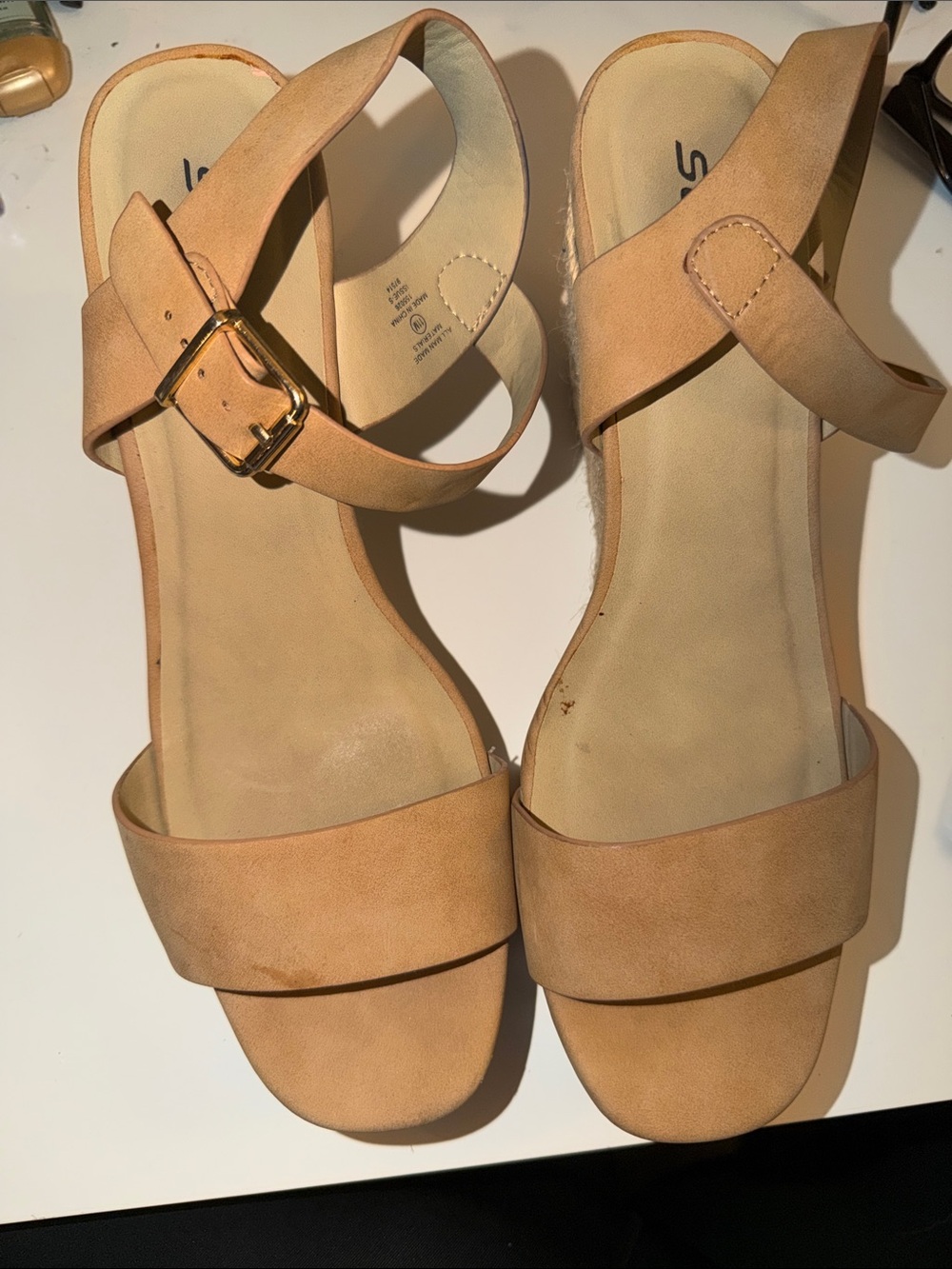 Soda Nude Tan Ankle-Strap Sandals with Gold Buckle